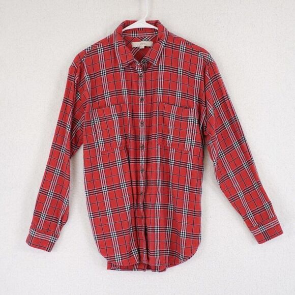 Ann Taylor Loft Large‎ Red Black Cotton Flannel Collared Button Front Shirt - Picture 1 of 7